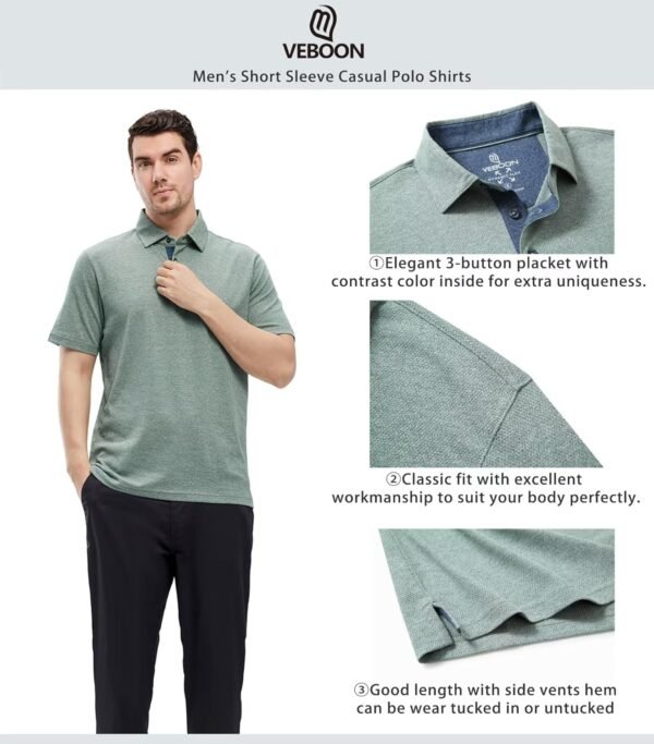 VEBOON Men's Polo Shirts Long and Short Sleeve Cotton Blend Heather Moisture Wicking Casual Collared Shirts - Image 4