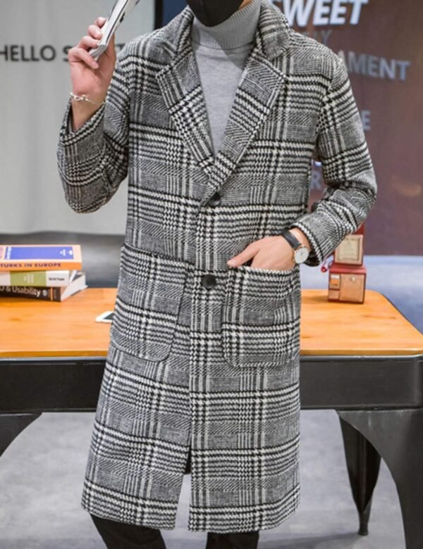 UANEO Mens Winter Trench Coat Notched Collar Single Breasted Plaid Mid Long Peacoat Overcoats with Pockets - Image 7