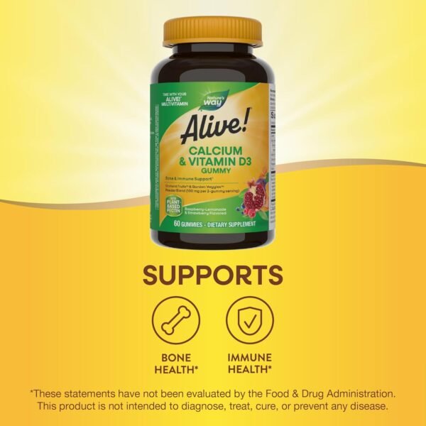 Nature's Way Alive! Daily Calcium & Vitamin D3 Gummies, Bone Support*, Immune Support*, Strawberry and Raspberry- Lemonade Flavored, 60 Gummies (Packaging May Vary) - Image 4