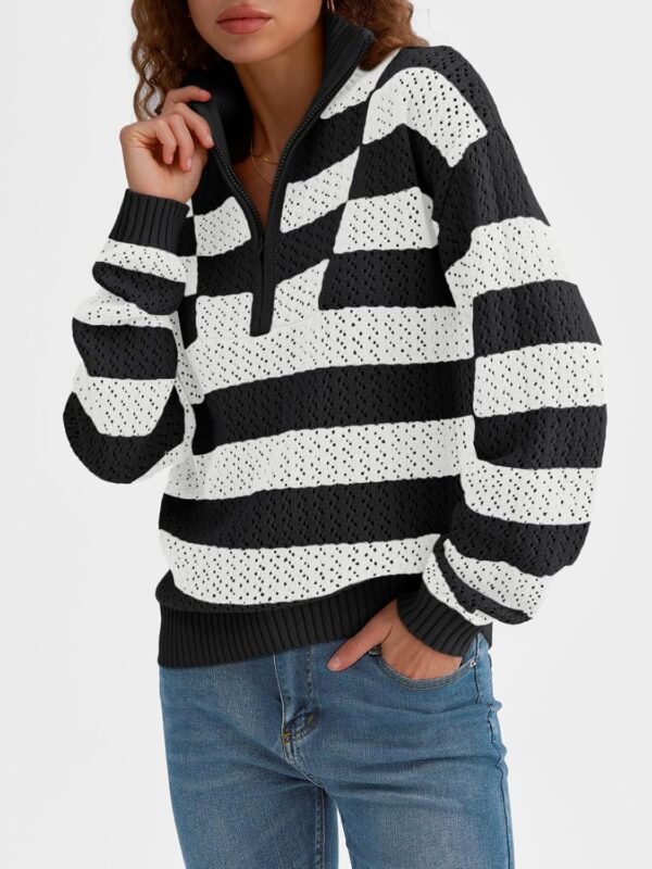 LILLUSORY Women's Quarter Zip Pullover V Neck Crochet Striped Sweater 2025 Cotton Color Block Trendy Knit Tops - Image 3