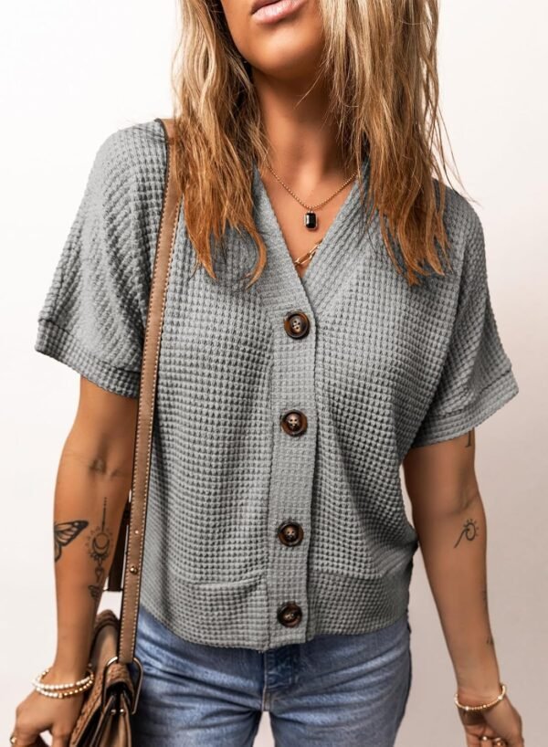 Dokotoo Womens Summer Tops 2025 Waffle Knit Button Down Shirts Casual V Neck Short Sleeve Shacket Jacket Dressy Blouses - Image 5