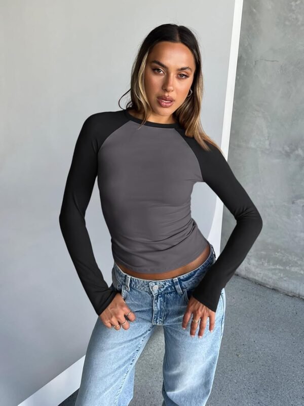 Trendy Queen Women's Long Sleeve Shirts Slim Fit Stretchy Color Block Slightly Cropped Tops - Image 5