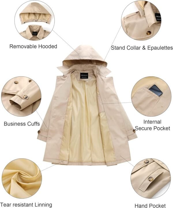 CREATMO US Women's Trench Coat Double-Breasted Classic Lapel Overcoat Belted Slim Outerwear Coat with Detachable Hood - Image 5