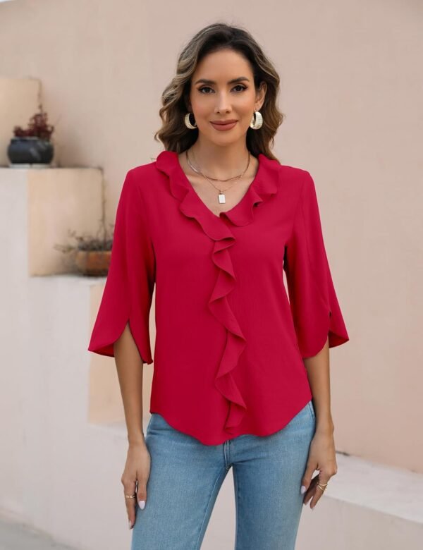 Blooming Jelly Womens Dressy Casual Blouses 3/4 Sleeve V Neck Ruffle Tops Business Ladies Summer 2024 Trendy Work Shirt - Image 2