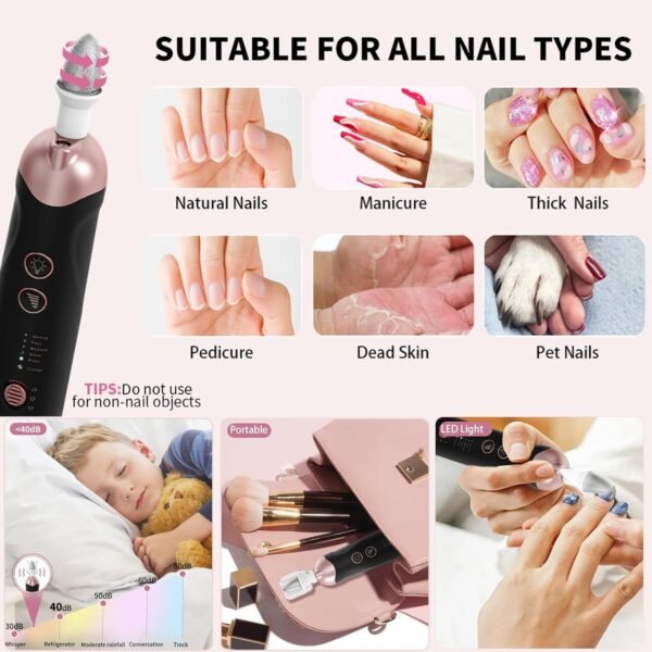 Professional Manicure Pedicure Kit, Cordless Electric Nail File Set, Rechargeable Pedicure Tools for feet, 5 Speeds Hand Foot Care Nail Drill for Thick Nail Toenail Cuticle Women Men Baby Pets - Image 7