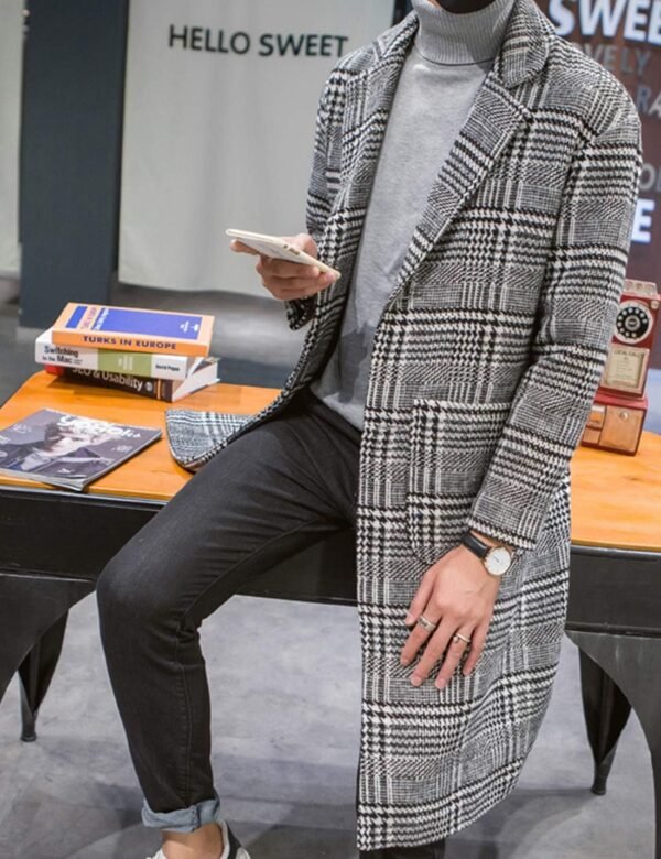 UANEO Mens Winter Trench Coat Notched Collar Single Breasted Plaid Mid Long Peacoat Overcoats with Pockets - Image 2