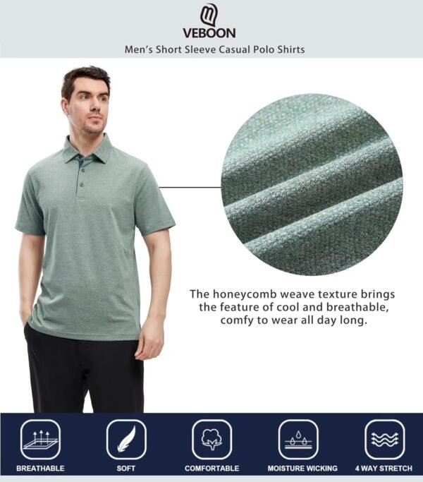 VEBOON Men's Polo Shirts Long and Short Sleeve Cotton Blend Heather Moisture Wicking Casual Collared Shirts - Image 5