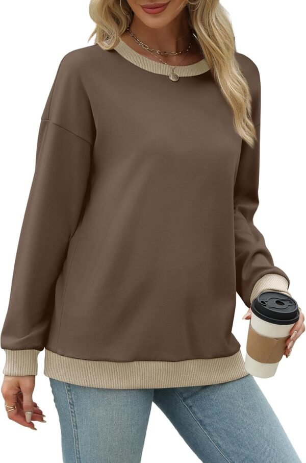 Saloogoe Sweatshirts for Women Crewneck Long Sleeve Loose Fit Tops Color Block Ribbed Trim Fashion 2024 - Image 3