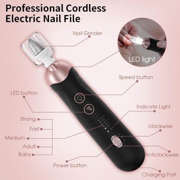 Professional Manicure Pedicure Kit, Cordless Electric Nail File Set, Rechargeable Pedicure Tools for feet, 5 Speeds Hand Foot Care Nail Drill for Thick Nail Toenail Cuticle Women Men Baby Pets - Image 8