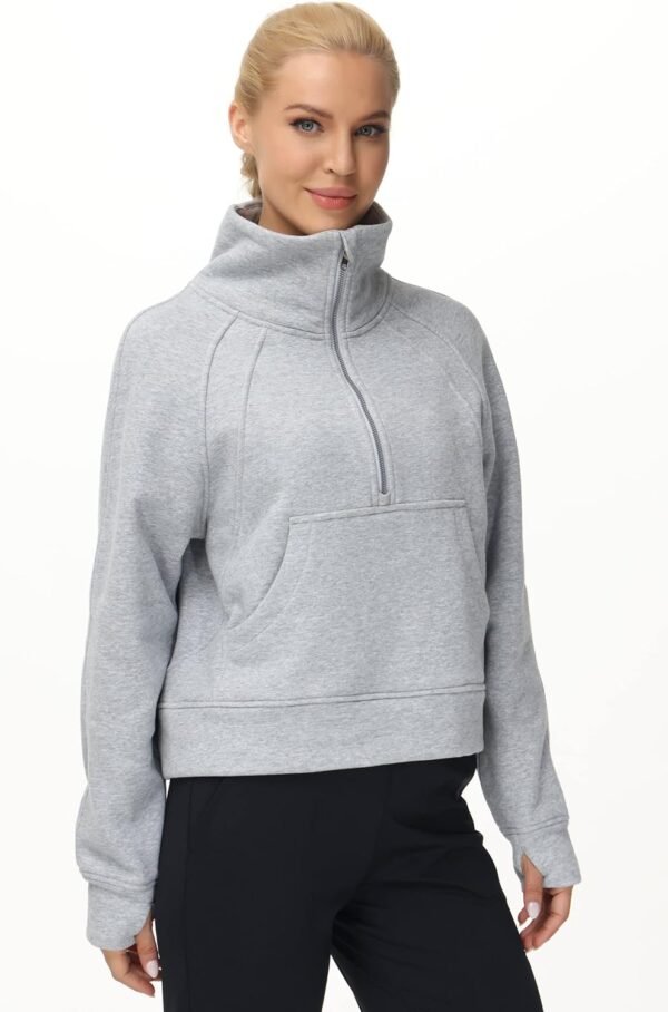 THE GYM PEOPLE Womens' Half Zip Pullover Fleece Stand Collar Crop Sweatshirt with Pockets Thumb Hole - Image 8