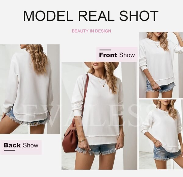 EVALESS Sweatshirt for Women Casual Solid Color Crewneck Long Sleeve Side Split Tops Loose Fit Pullover Shirts - Image 2