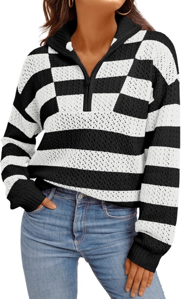 LILLUSORY Women's Quarter Zip Pullover V Neck Crochet Striped Sweater 2025 Cotton Color Block Trendy Knit Tops