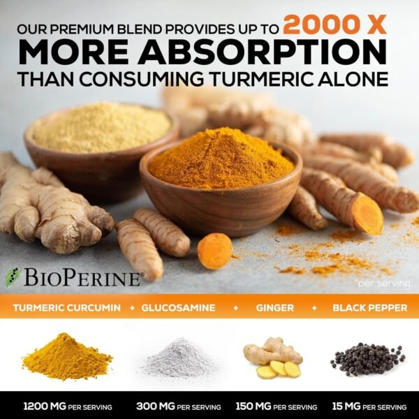 Turmeric Curcumin Supplement 2000mg with Glucosamine Chondroitin & Ginger, 95% Curcuminoids, BioPerine Black Pepper for Best Absorption, Nature's Joint Support, Non-GMO, Bottled in USA - 240 Capsules - Image 6