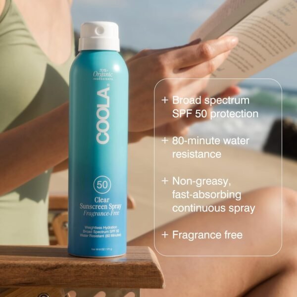 COOLA Organic Sunscreen SPF 50 Sunblock Spray, Dermatologist Tested Skin Care for Daily Protection, Vegan and Gluten Free, Fragrance Free, 6 Fl Oz - Image 3