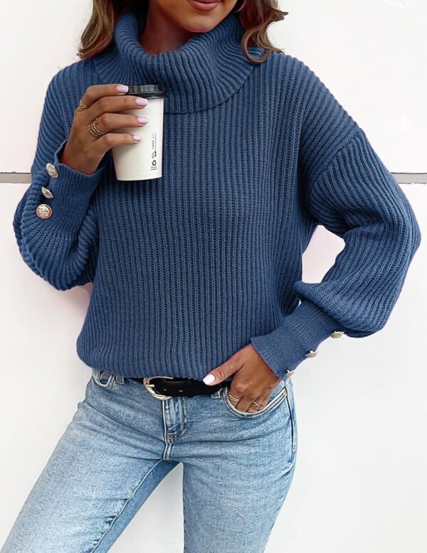 Women's Oversized Turtleneck Sweaters Fall 2024 Dressy Casual Ribbed Knit Button Long Sleeve Pullover Sweater - Image 8