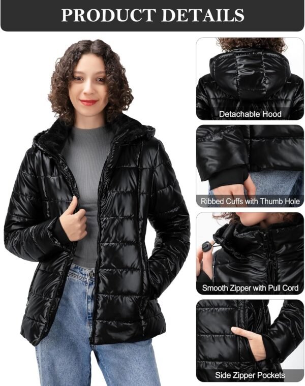 Women's Winter Down Puffer Jacket, Warm Hooded Puffer Coat for Women with Faux-Fur Pile Collar - Image 4