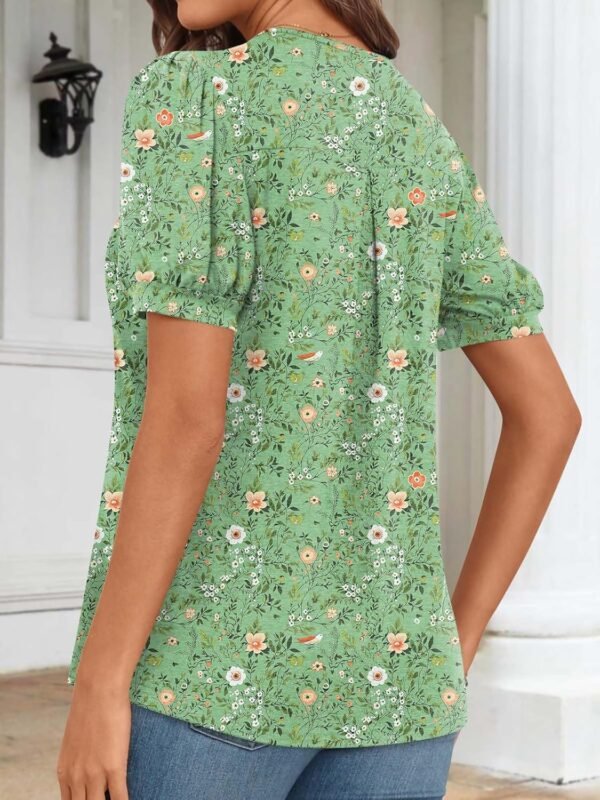 Women's Puff Short Sleeve Tunic Tops Dressy V Neck Pleated Shirts Casual Work Blouses - Image 4