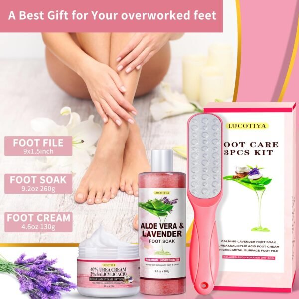 Foot Soak Set Pedicure Kit Foot Spa Callus Remover for Feet Cuticle Remover Foot File for Dead Skin Pink Salt Urea Cream for Feet Aloe Lavender Pedicure Supplies Dry Cracked Feet for Women Men - Image 6