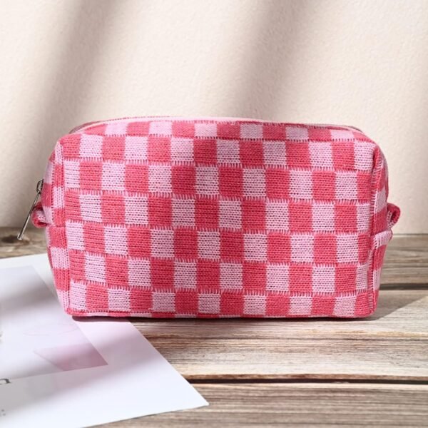 SOIDRAM 2 Pieces Makeup Bag Large Checkered Cosmetic Bag Capacity Canvas Mix Travel Toiletry Bag Organizer Cute Makeup Brushes Aesthetic Accessories Storage Bag for Women, Checkered Mix Rose Red - Image 7