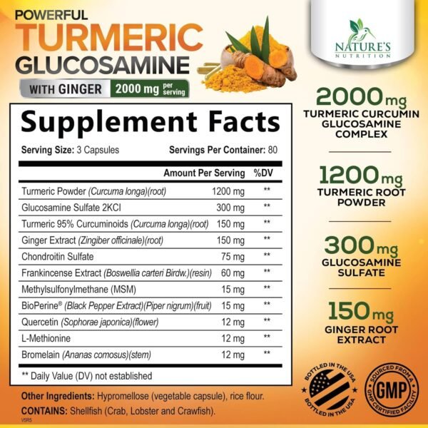Turmeric Curcumin Supplement 2000mg with Glucosamine Chondroitin & Ginger, 95% Curcuminoids, BioPerine Black Pepper for Best Absorption, Nature's Joint Support, Non-GMO, Bottled in USA - 240 Capsules - Image 2