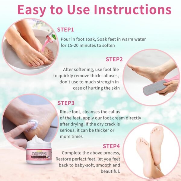 Foot Soak Set Pedicure Kit Foot Spa Callus Remover for Feet Cuticle Remover Foot File for Dead Skin Pink Salt Urea Cream for Feet Aloe Lavender Pedicure Supplies Dry Cracked Feet for Women Men - Image 7