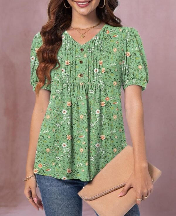 Women's Puff Short Sleeve Tunic Tops Dressy V Neck Pleated Shirts Casual Work Blouses - Image 6
