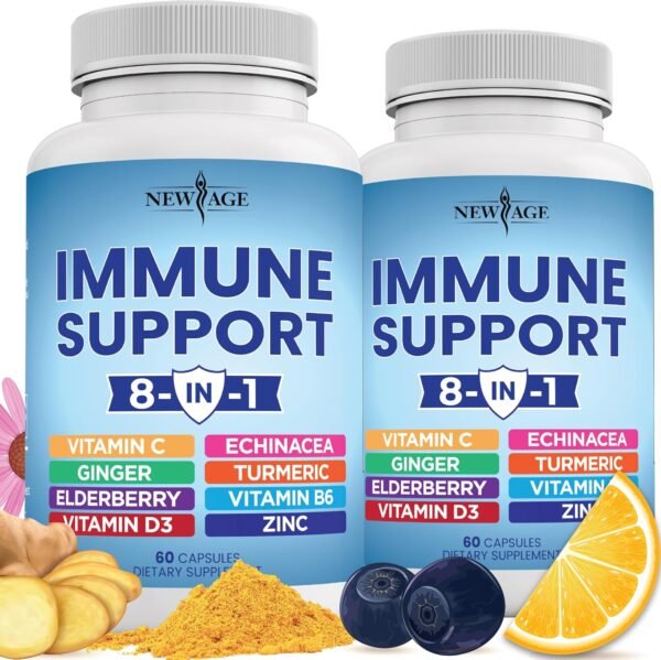 NEW AGE 8 in 1 Immune Support Booster Supplement with Echinacea, Vitamin C and Zinc 50mg, Vitamin D 5000 IU, Turmeric Curcumin & Ginger, B6, Elderberry 120 Count (Pack of 2)