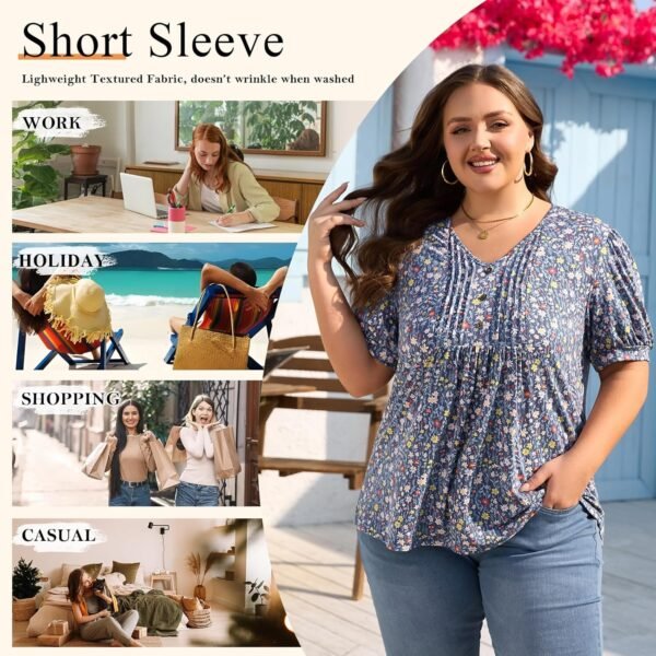 Women's Puff Short Sleeve Tunic Tops Dressy V Neck Pleated Shirts Casual Work Blouses - Image 5