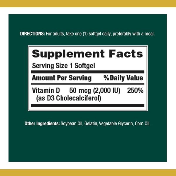 Nature's Bounty Vitamin D, Supports Immune Health & Bone Health, 2000IU Vitamin D3, 150 Softgels - Image 2