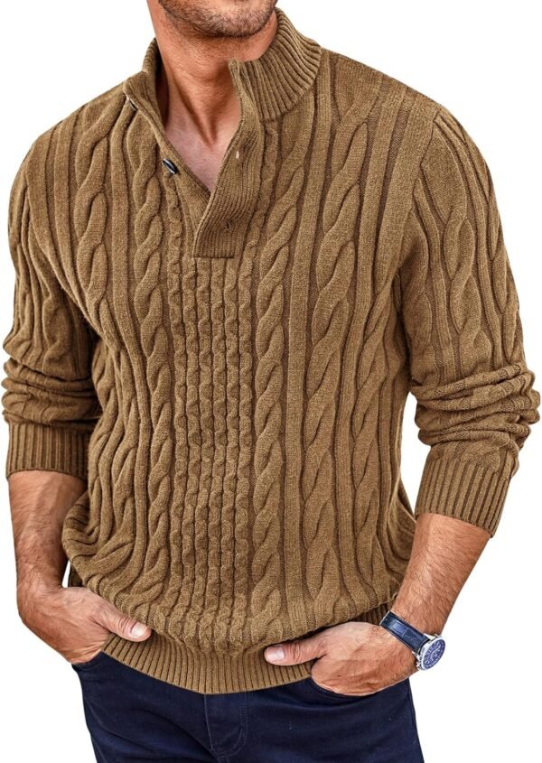 Runcati Mens Cable Knit Pullover Sweater Casual Stand Collar Chunky Buttons Fall Winter Sweaters