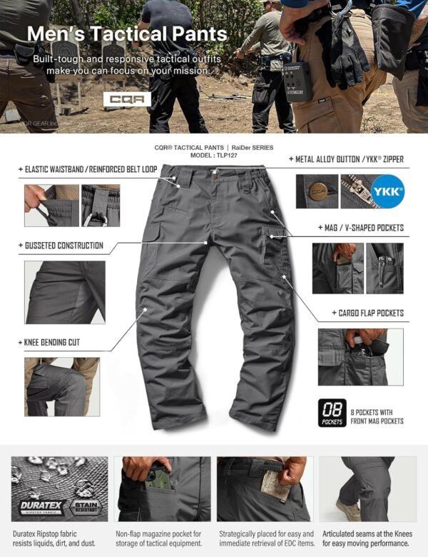 CQR Men's Tactical Pants, Water Resistant Ripstop Cargo Pants, Lightweight EDC Work Hiking Pants, Outdoor Apparel - Image 5