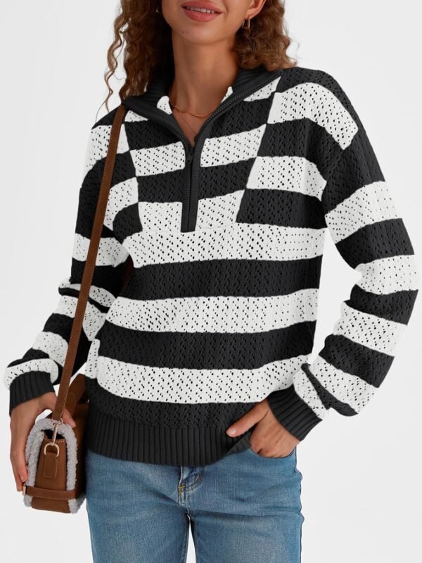 LILLUSORY Women's Quarter Zip Pullover V Neck Crochet Striped Sweater 2025 Cotton Color Block Trendy Knit Tops - Image 2