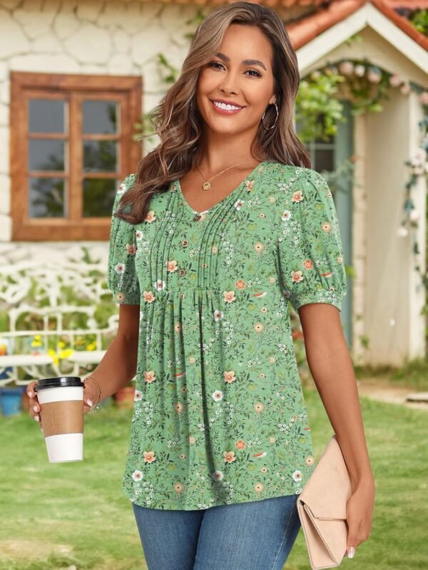 Women's Puff Short Sleeve Tunic Tops Dressy V Neck Pleated Shirts Casual Work Blouses - Image 3