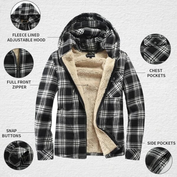 Elesuit Men's Full Zip Fleece Flannel Jackets Shirt Plaid Cotton Hoodies Soft Warm Coat for Men with Hood - Image 5