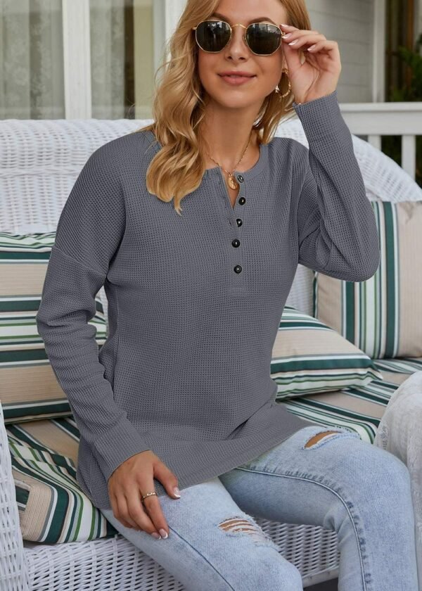 WNEEDU Women's Waffle Knit Tunic Tops Loose Long Sleeve Button Up V Neck Henley Shirts - Image 8