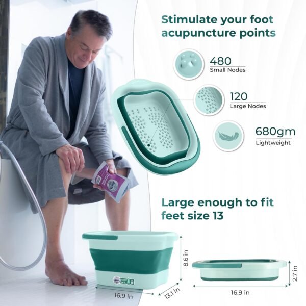 AWA Foot Soaking Tub, Collapsible Foot Bath Soak Tub for Soaking Feet, Pedicure Bowl, Plastic Feet Soaking Tub with Acupressure Massage Points, Foldable Laundry Basket (Teal Foot Tub) - Image 4