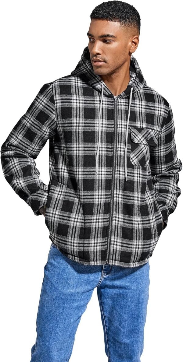 Elesuit Men's Full Zip Fleece Flannel Jackets Shirt Plaid Cotton Hoodies Soft Warm Coat for Men with Hood - Image 3