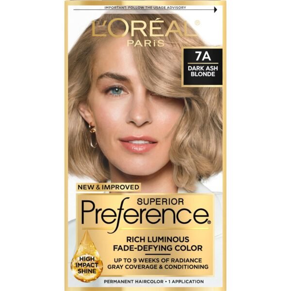 L'Oreal Paris Superior Preference Fade-Defying + Shine Permanent Hair Color, 7A Dark Ash Blonde, Pack of 1, Hair Dye