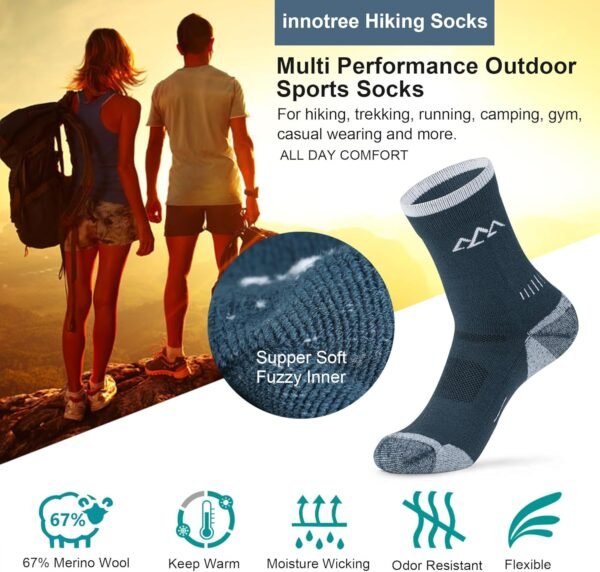 innotree 3 Pack Men's Merino Wool Hiking Socks, Micro Crew Cushioned Hiking Walking Socks Moisture Wicking Trekking Socks - Image 6