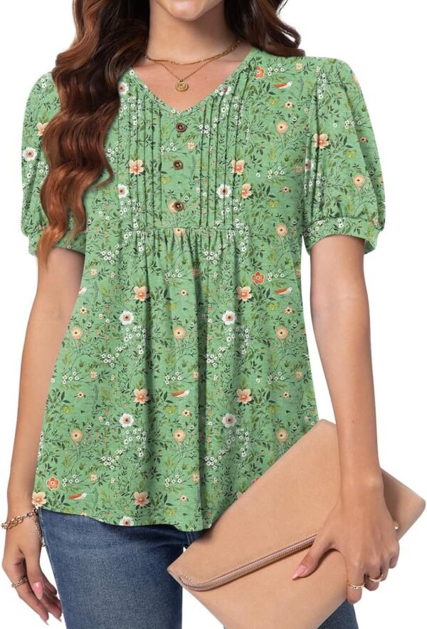 Women's Puff Short Sleeve Tunic Tops Dressy V Neck Pleated Shirts Casual Work Blouses