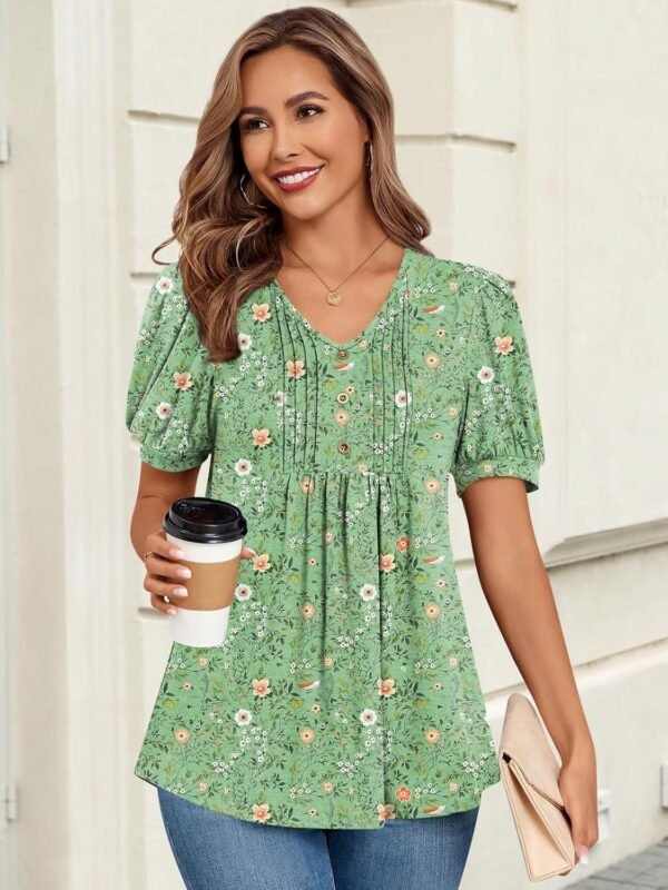 Women's Puff Short Sleeve Tunic Tops Dressy V Neck Pleated Shirts Casual Work Blouses - Image 2