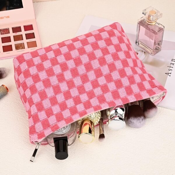 SOIDRAM 2 Pieces Makeup Bag Large Checkered Cosmetic Bag Capacity Canvas Mix Travel Toiletry Bag Organizer Cute Makeup Brushes Aesthetic Accessories Storage Bag for Women, Checkered Mix Rose Red - Image 5