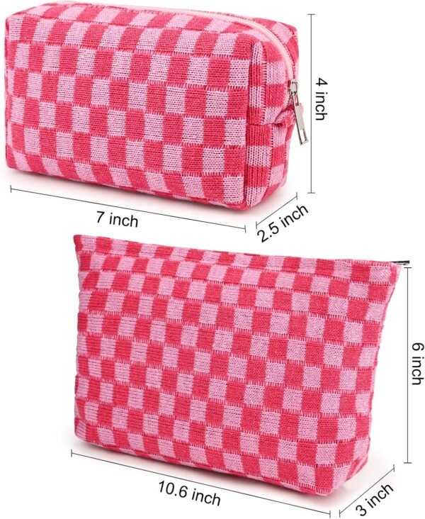 SOIDRAM 2 Pieces Makeup Bag Large Checkered Cosmetic Bag Capacity Canvas Mix Travel Toiletry Bag Organizer Cute Makeup Brushes Aesthetic Accessories Storage Bag for Women, Checkered Mix Rose Red - Image 3