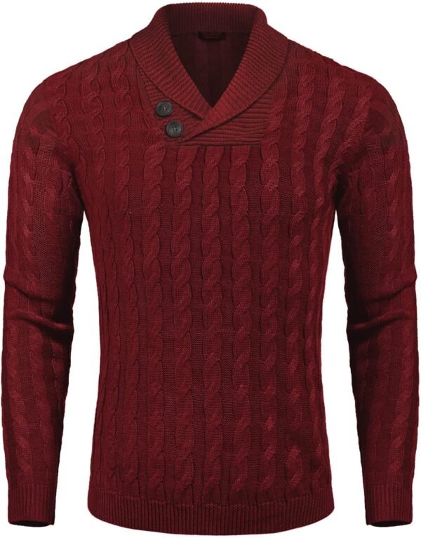 COOFANDY Men's Shawl Collar Pullover Sweater Slim Fit Casual Button Cable Knit Sweaters - Image 2