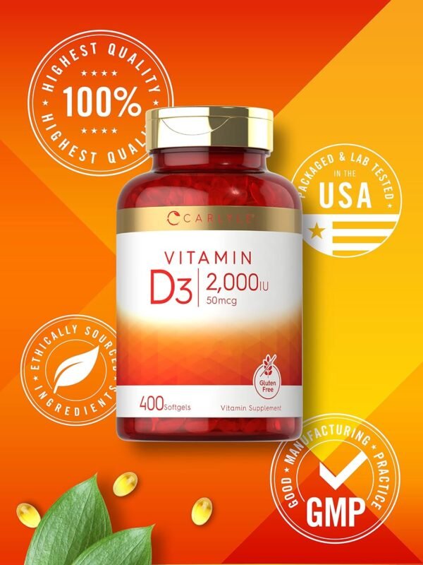 Carlyle Vitamin D3 2000IU Softgels | 400 Count | Non-GMO, Gluten Free Formula | 50 mcg | Vitamin D Supplement - Image 5