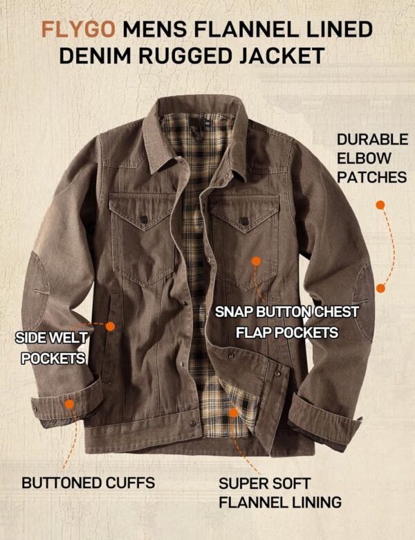 Flygo Mens Flannel Lined Denim Jacket Snap Cowboy Cut Western Classic Slim Fit Vintage Heavy Duty Jacket Trucker Coat - Image 3