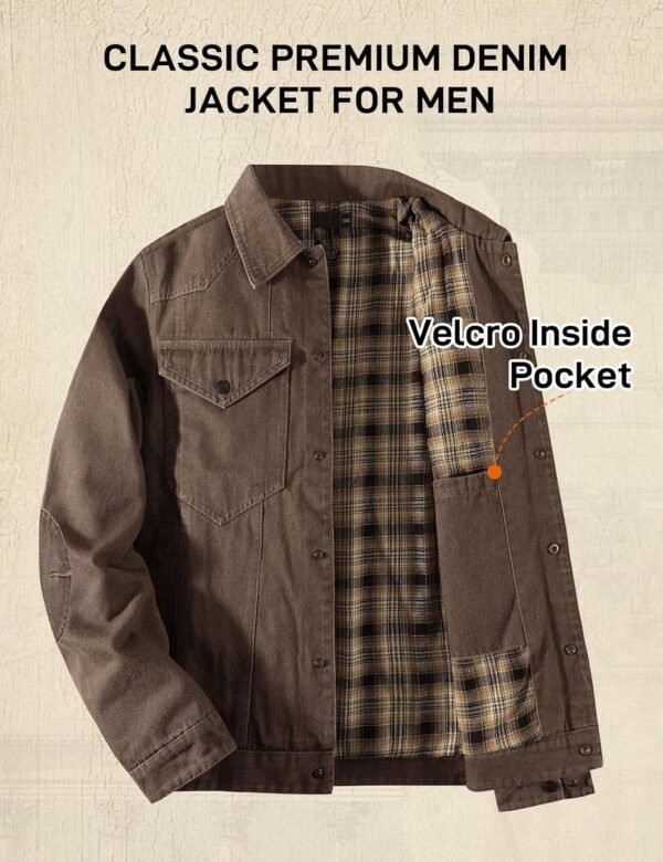 Flygo Mens Flannel Lined Denim Jacket Snap Cowboy Cut Western Classic Slim Fit Vintage Heavy Duty Jacket Trucker Coat - Image 4