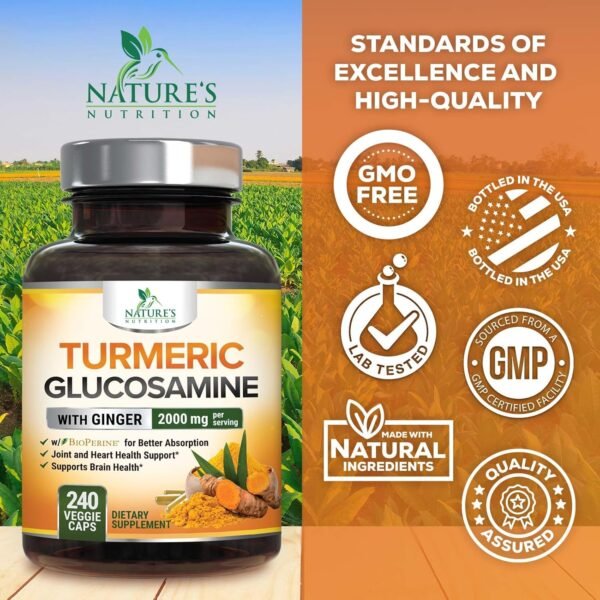 Turmeric Curcumin Supplement 2000mg with Glucosamine Chondroitin & Ginger, 95% Curcuminoids, BioPerine Black Pepper for Best Absorption, Nature's Joint Support, Non-GMO, Bottled in USA - 240 Capsules - Image 4
