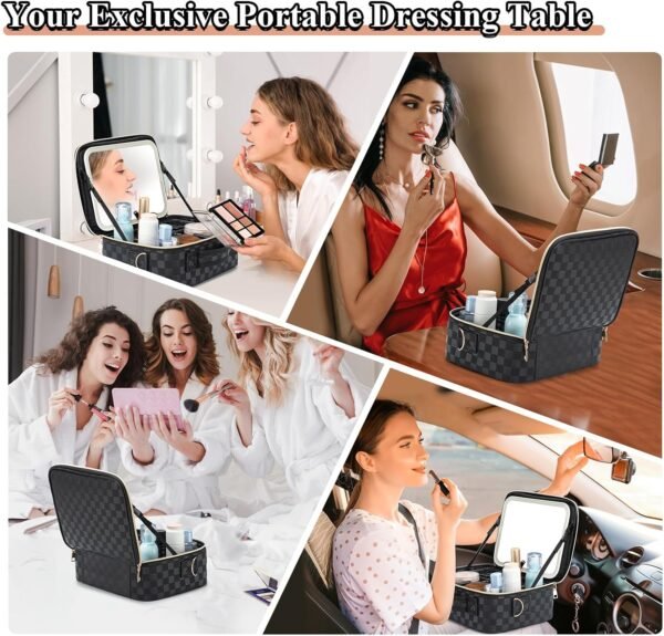 Travel Makeup Bag with LED Mirror Make up Case with Lighted Mirror 3 Color Setting Cosmetic Makeup Box Organizer Vanity Case for Women Beauty Tools Accessories Case Rechargeable (Black, Middle) - Image 6