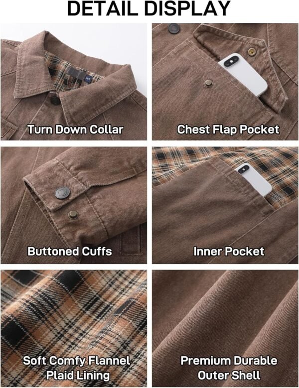 Flygo Mens Flannel Lined Denim Jacket Snap Cowboy Cut Western Classic Slim Fit Vintage Heavy Duty Jacket Trucker Coat - Image 6